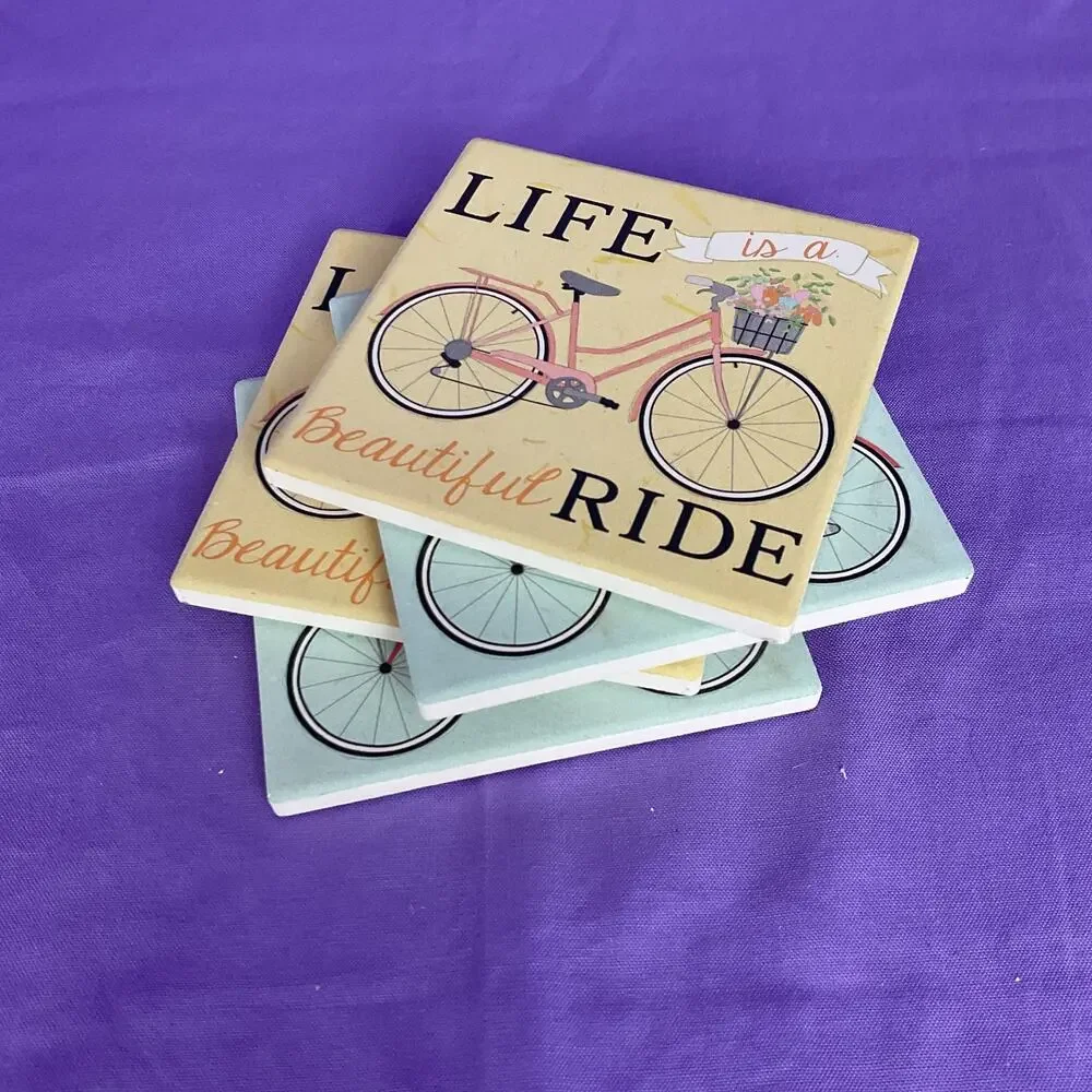 Ceramic Vintage Bike Coasters Set of 4 - Floral Basket Bicycle Home Decor